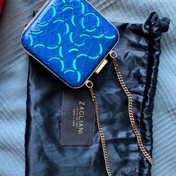 Zagliani 💯 AUTHENTIC mini clutch authentic snake 🐍 skin bright blue color - Picture 2 of 6